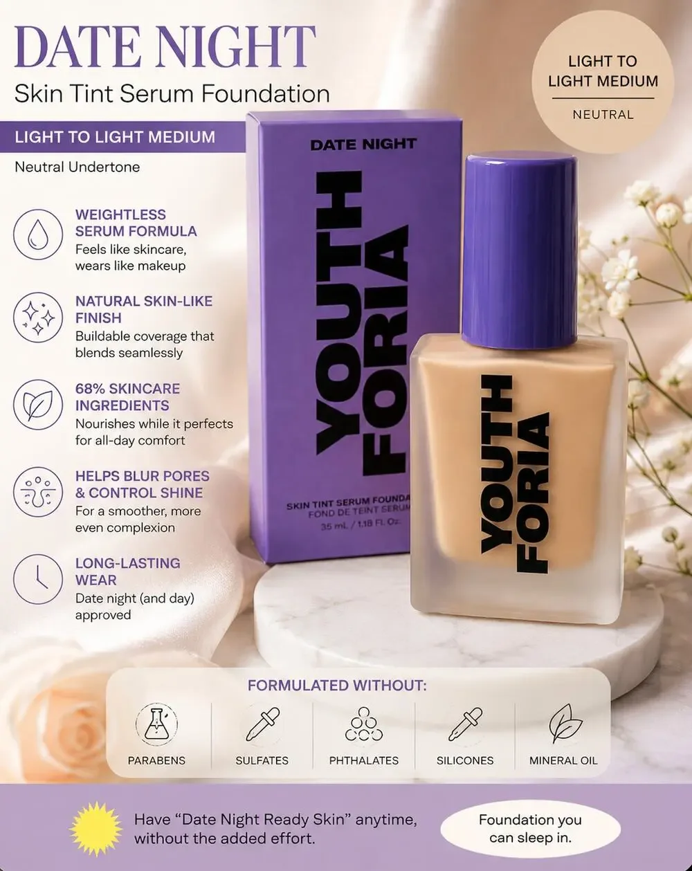 Youthforia Date Night Skin Tint Serum Foundation 245 NIB